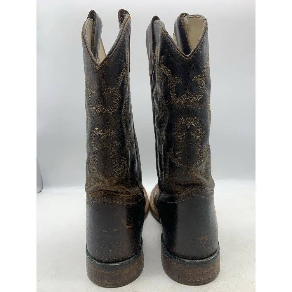 Old West Youth Cowboy Boots Brown Leather Square Toe Size 6.5 D Women’s Sz 8